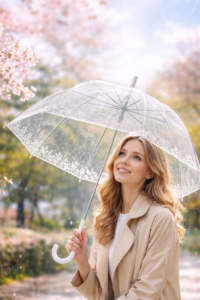 Gennemsigtig paraply med buet håndtag og klar skærm